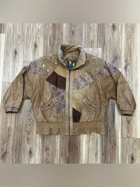 Vintage 80s 90s Komitar Patchwork Oversized Genuine Leather Jacket Brown Size 22